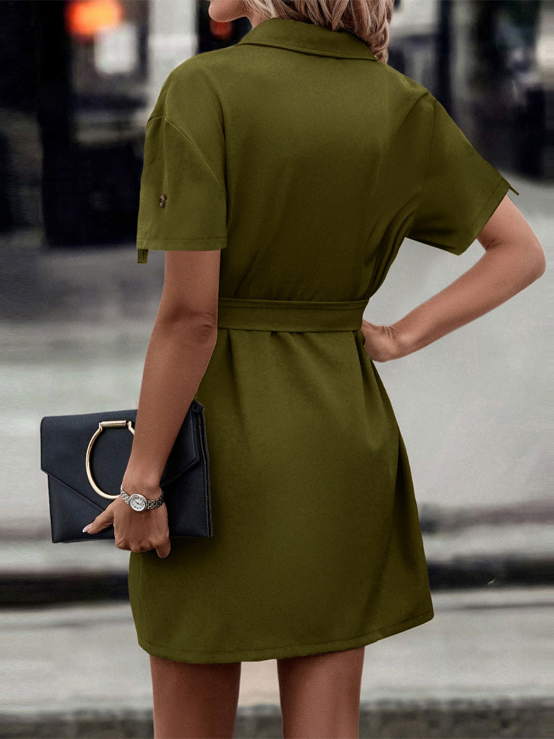 Shiny Tie Waist Collared Dress - felvior