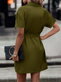 Shiny Tie Waist Collared Dress - felvior