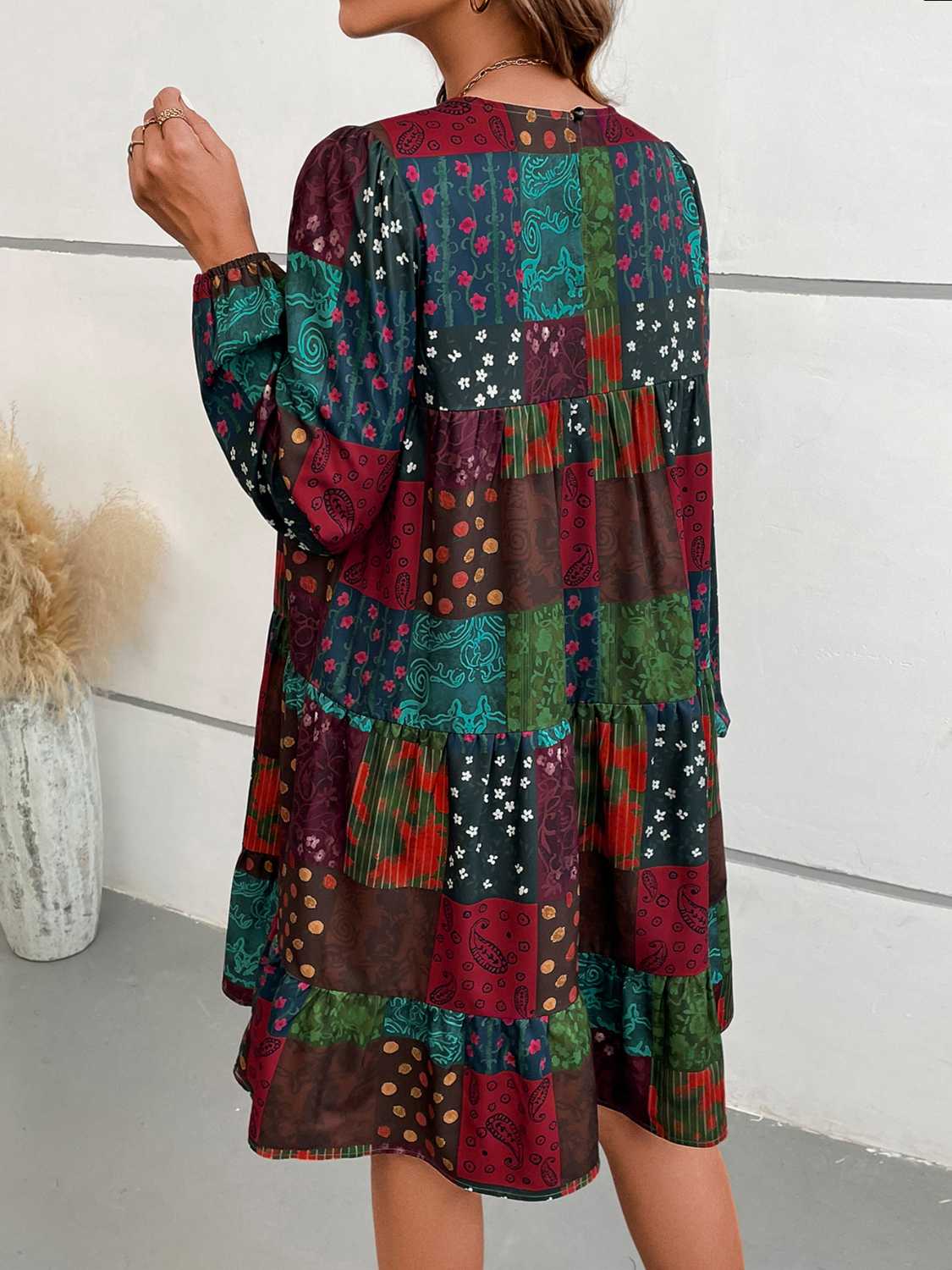 Patchwork Round Neck Long Sleeve Dress - felvior