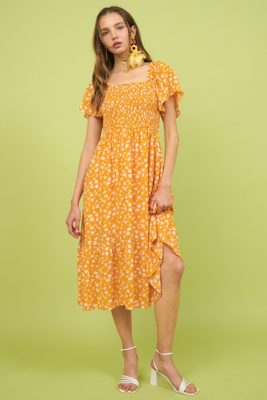 Mittoshop Flower Print Flutter Sleeve Smocked Midi Dress - felvior