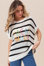BiBi Vacay Mode Lettering Drop Shoulder Striped Sweater