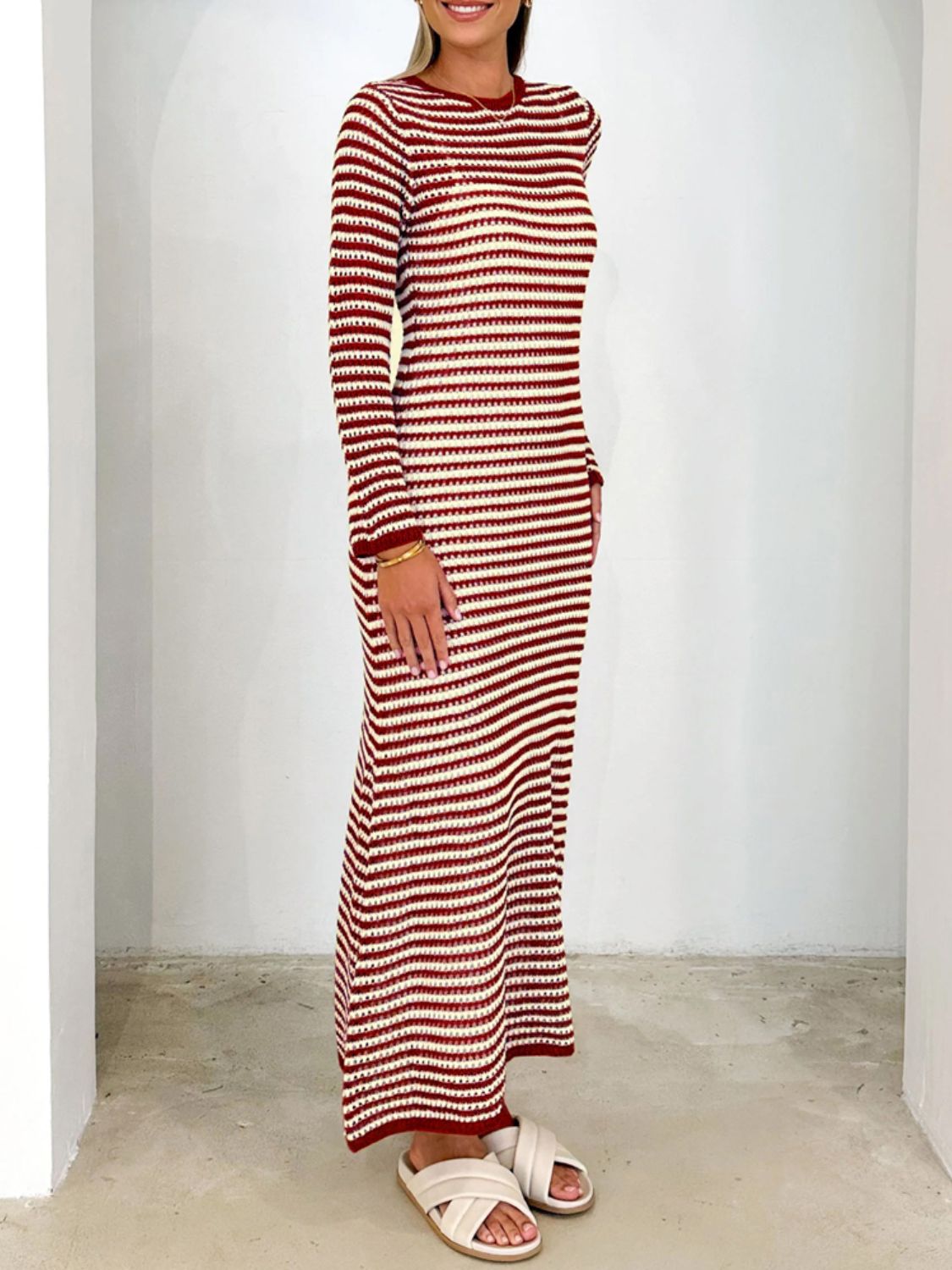Devine Tied Round Neck Striped Sweater Dress - felvior