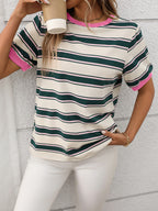 Contrast Striped Round Neck Short Sleeve T-Shirt