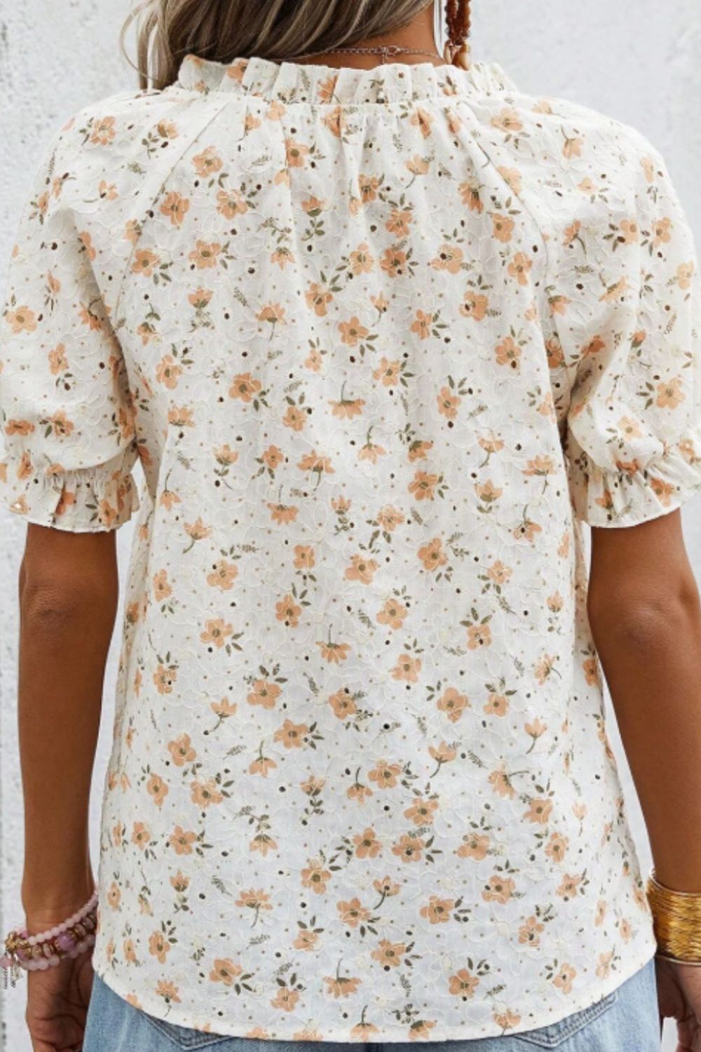 Frill Printed Notched Short Sleeve Blouse - felvior