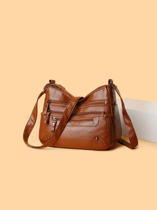 PU Leather Multi Pockets Shoulder Bag - felvior