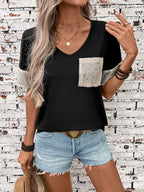 Sequin V-Neck Short Sleeve T-Shirt