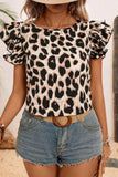 Leopard Layered Ruffled Cap Sleeve Blouse - felvior