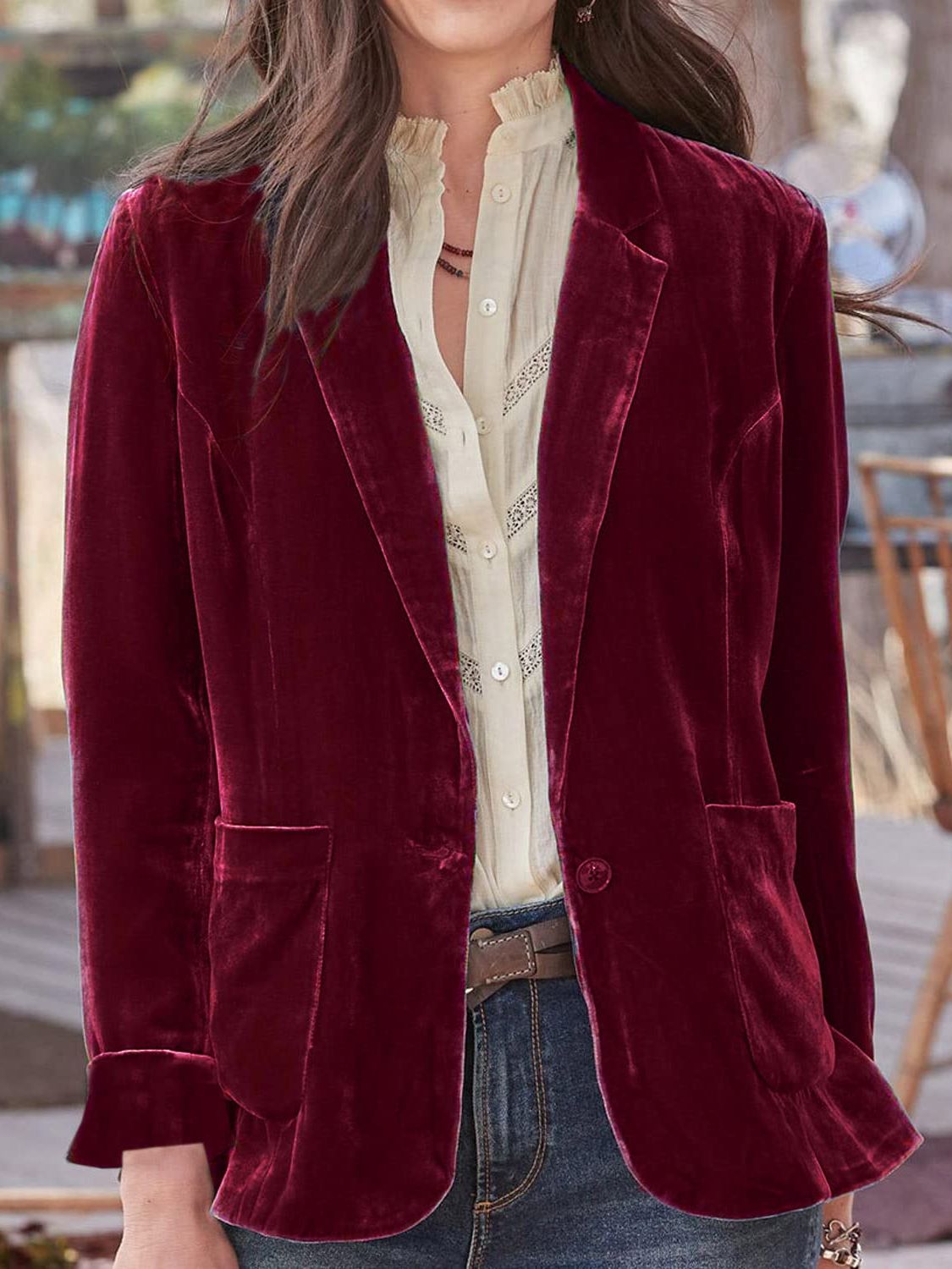 Pocketed Button Up Lapel Collar Blazer - felvior