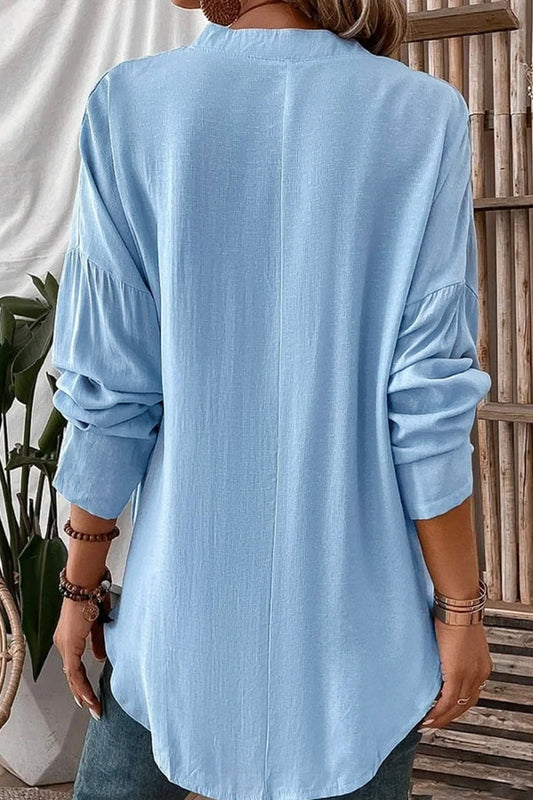 Solid Color Notched Long Sleeve Blouse - felvior