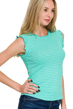 Zenana Ribbed Ruffle Trim Sleeveless Stripe Top