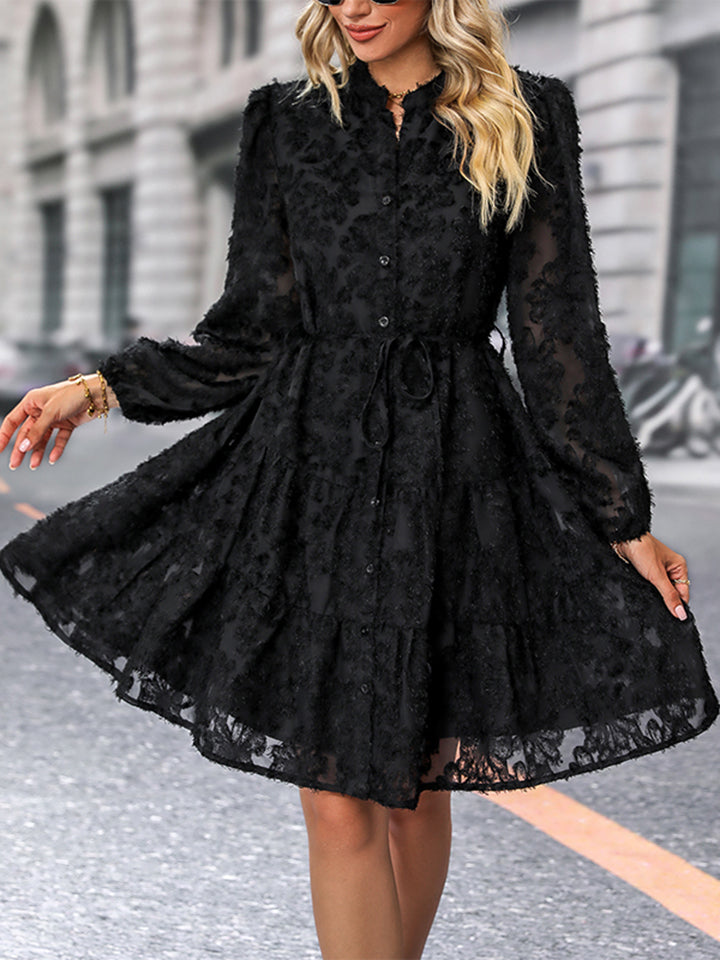 Perfee V-Neck Long Sleeve Buttoned Dress - felvior