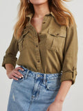 Collared Neck Roll-Tab Sleeve Denim Top - felvior