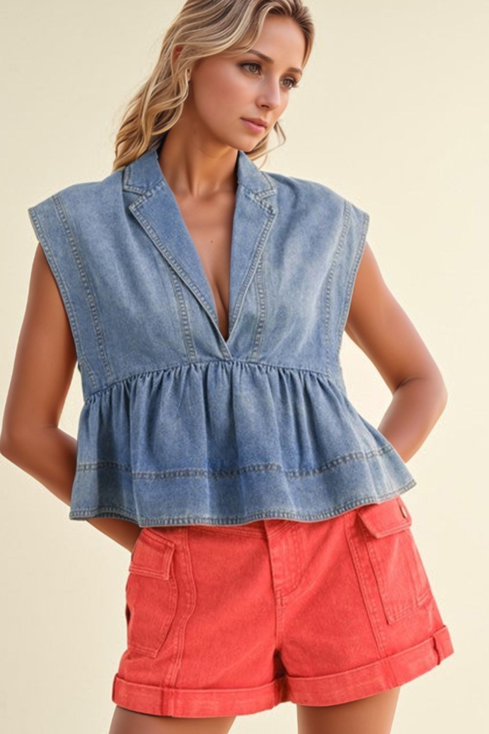 Lapel Collar Peplum Denim Top