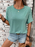 Pearl Detail Round Neck Short Sleeve T-Shirt