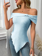 Ribbed Off-Shoulder Asymmetrical Hem T-Shirt
