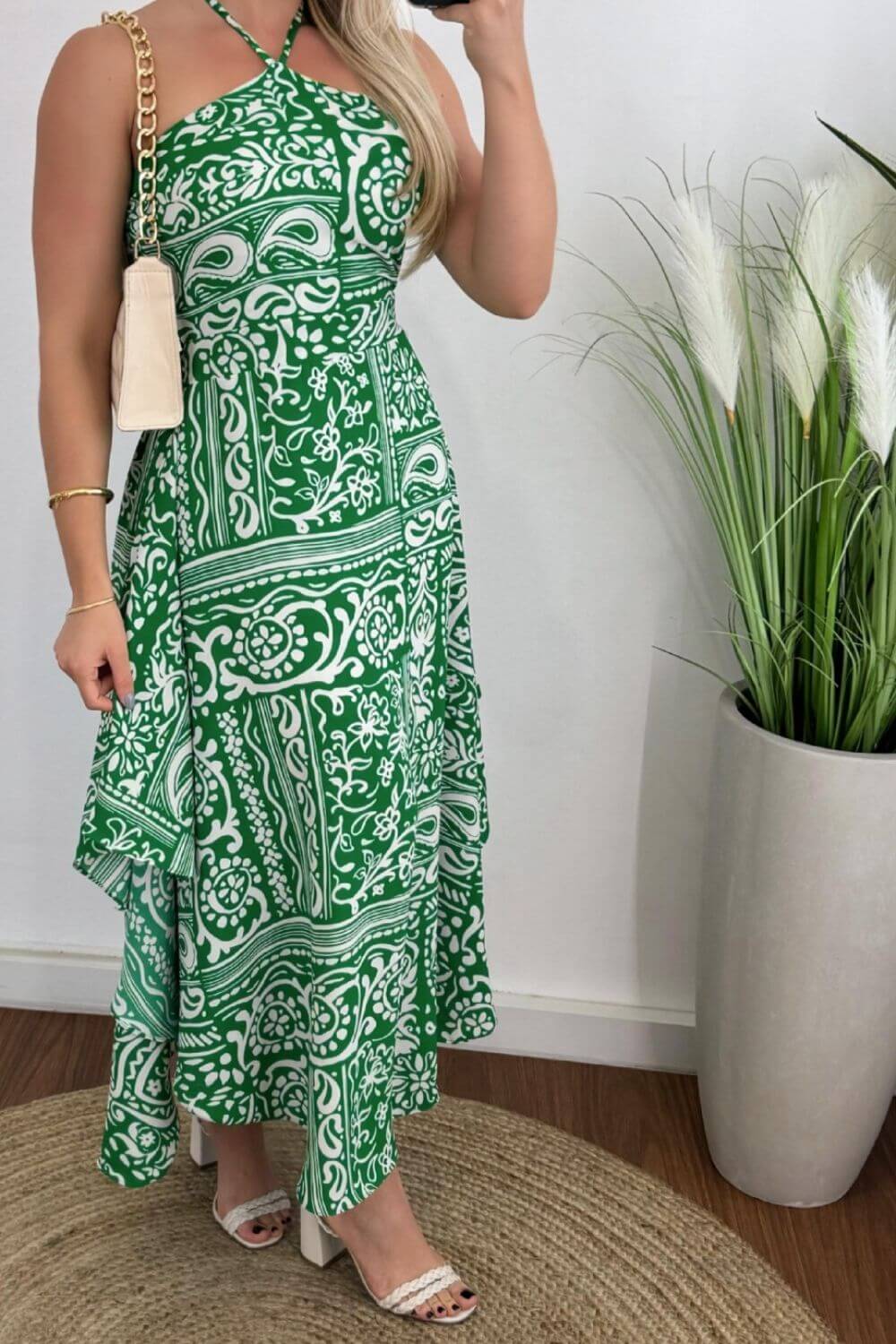 Smocked Printed Halter Neck Dress