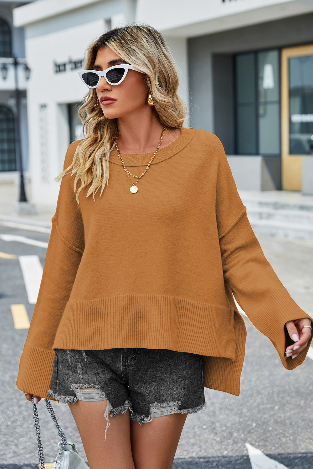 High-Low Slit Round Neck Long Sleeve Sweater - felvior