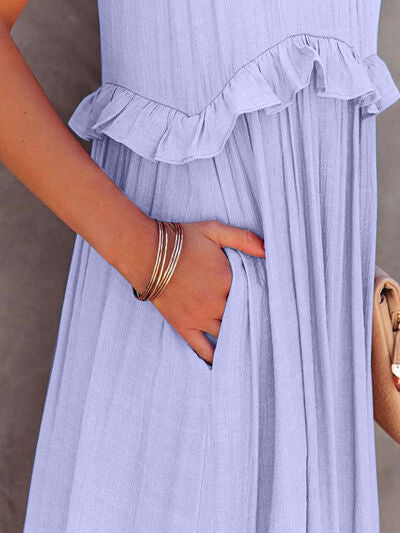 Ruffled Sleeveless Tiered Maxi Dress with Pockets - felvior