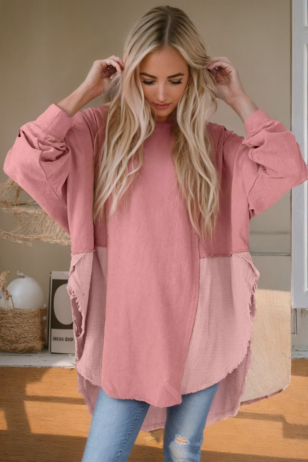 Contrast Texture Round Neck Long Sleeve Blouse - felvior