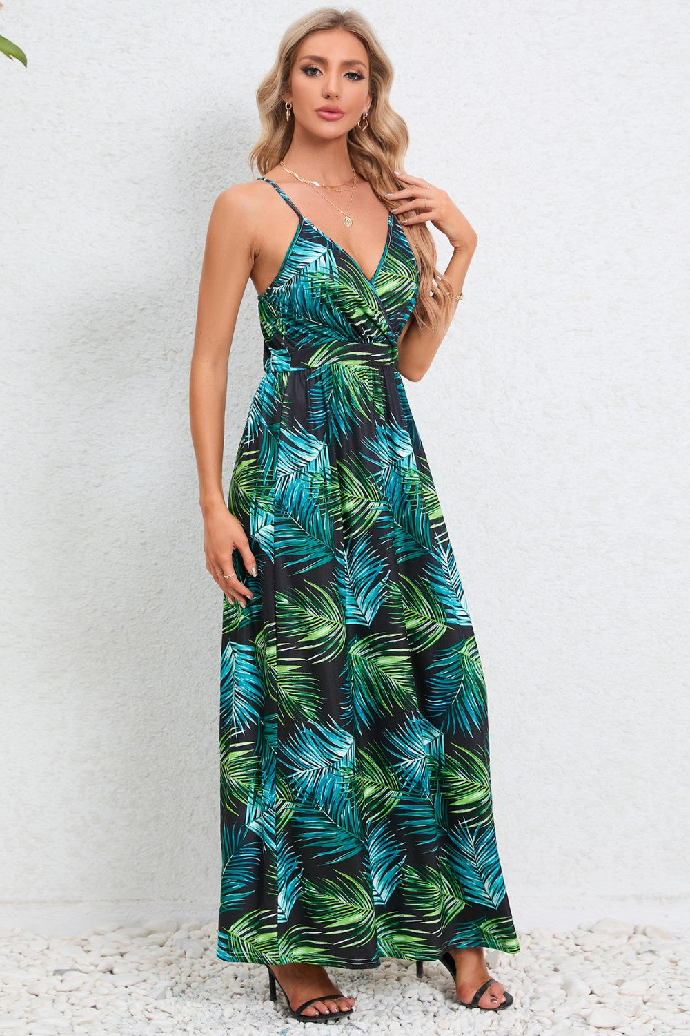 Printed Surplice Maxi Cami Dress - felvior