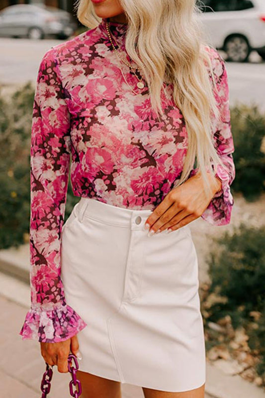 Floral Turtleneck Flounce Sleeve Blouse - felvior