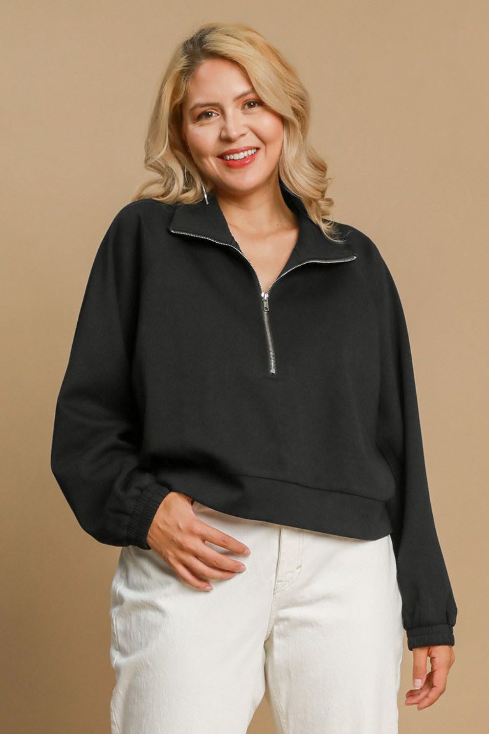 Umgee Full Size Half Zip Cropped Sweatshirt Plus Size - felvior