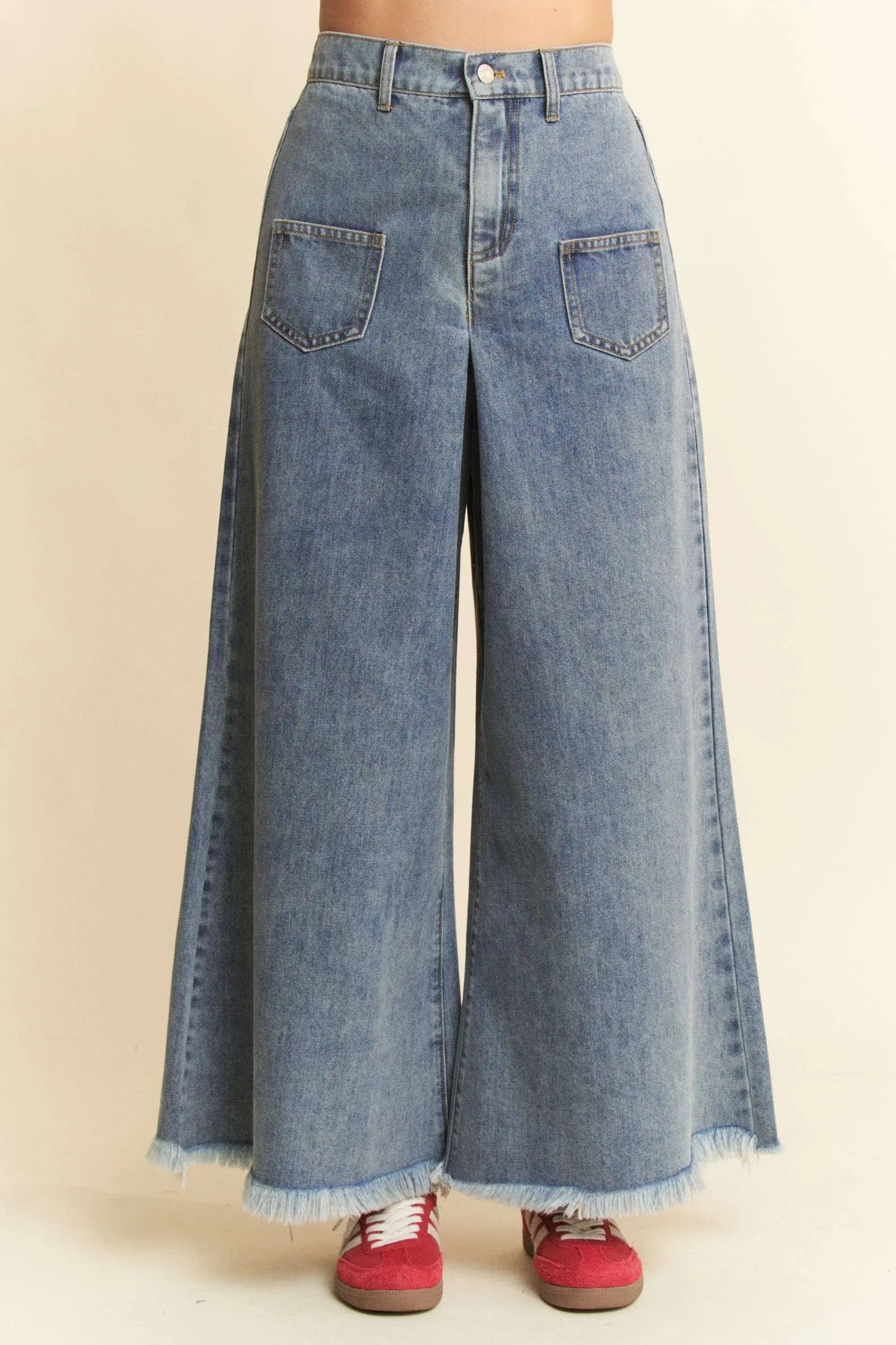 Davi & Dani Patch Pocket Wide Leg Culotte Jeans