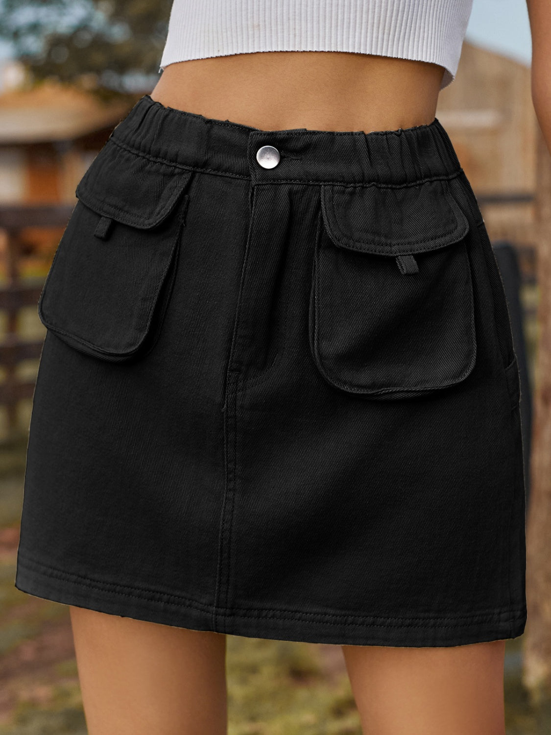 Pocketed Elastic Waist Denim Skirt - felvior