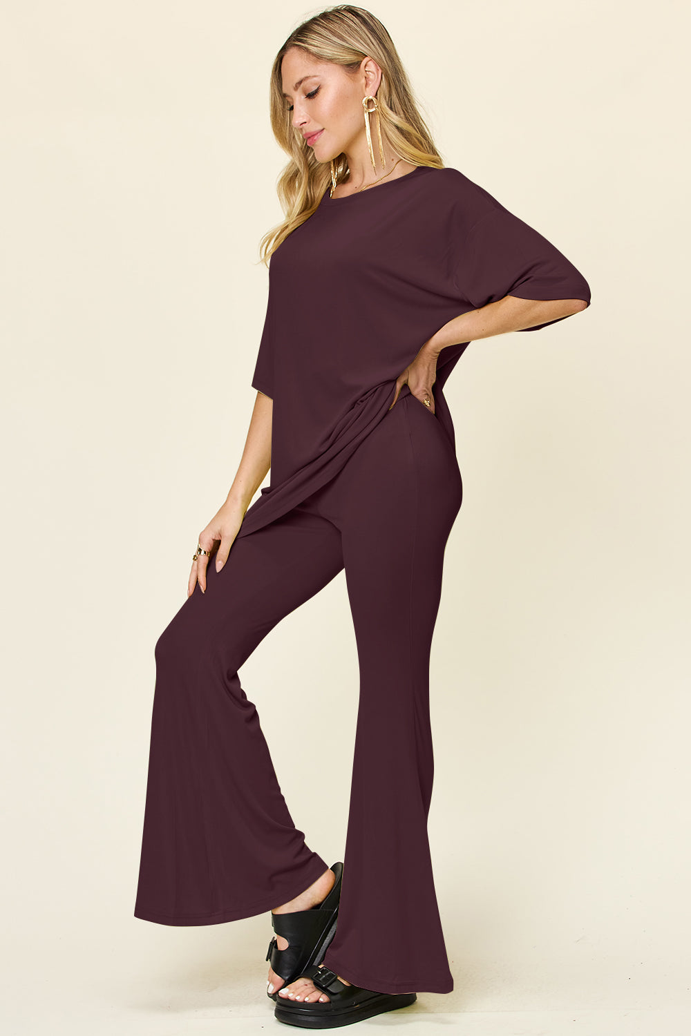 Double Take Full Size Round Neck Drop Shoulder T-Shirt and Flare Pants Set - felvior