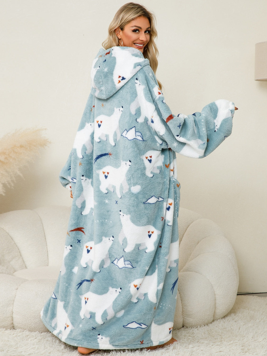Fuzzy Pocketed Long Sleeve Hooded Lounge Dress - felvior