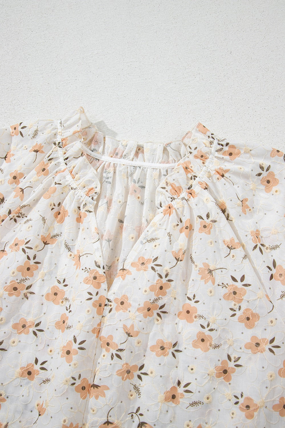 Frill Printed Notched Short Sleeve Blouse - felvior