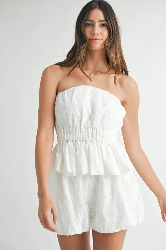 MABLE Floral Eyelet Lace Tube Top and Short Set - felvior