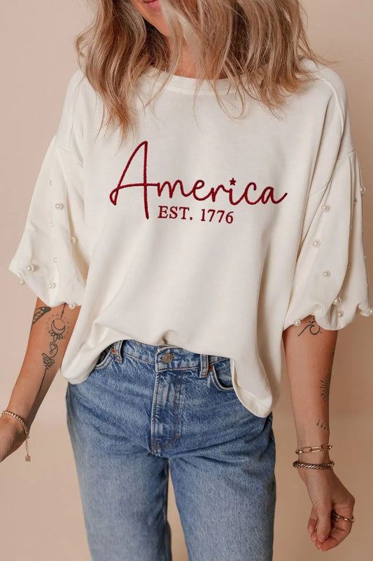 AMERICA EST 1776 Embroidered Pearl Beaded Sleeve T Shirt - felvior