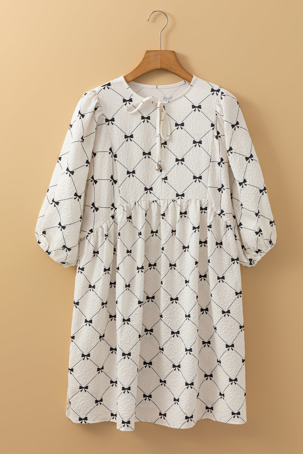 Bow Print Tie Neck Half Sleeve Dress - felvior