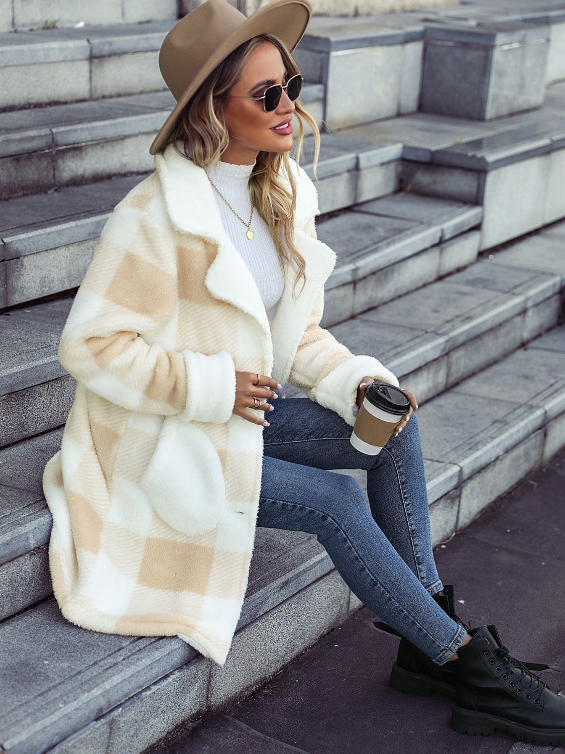 Plaid Button Down Coat with Pockets - felvior