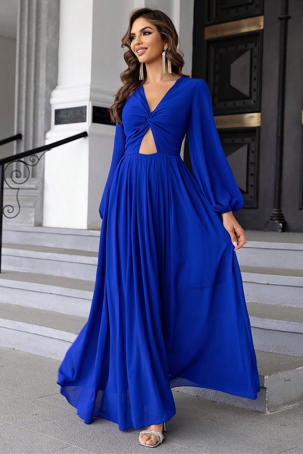 Twist Front Cutout Long Sleeve Dress - felvior