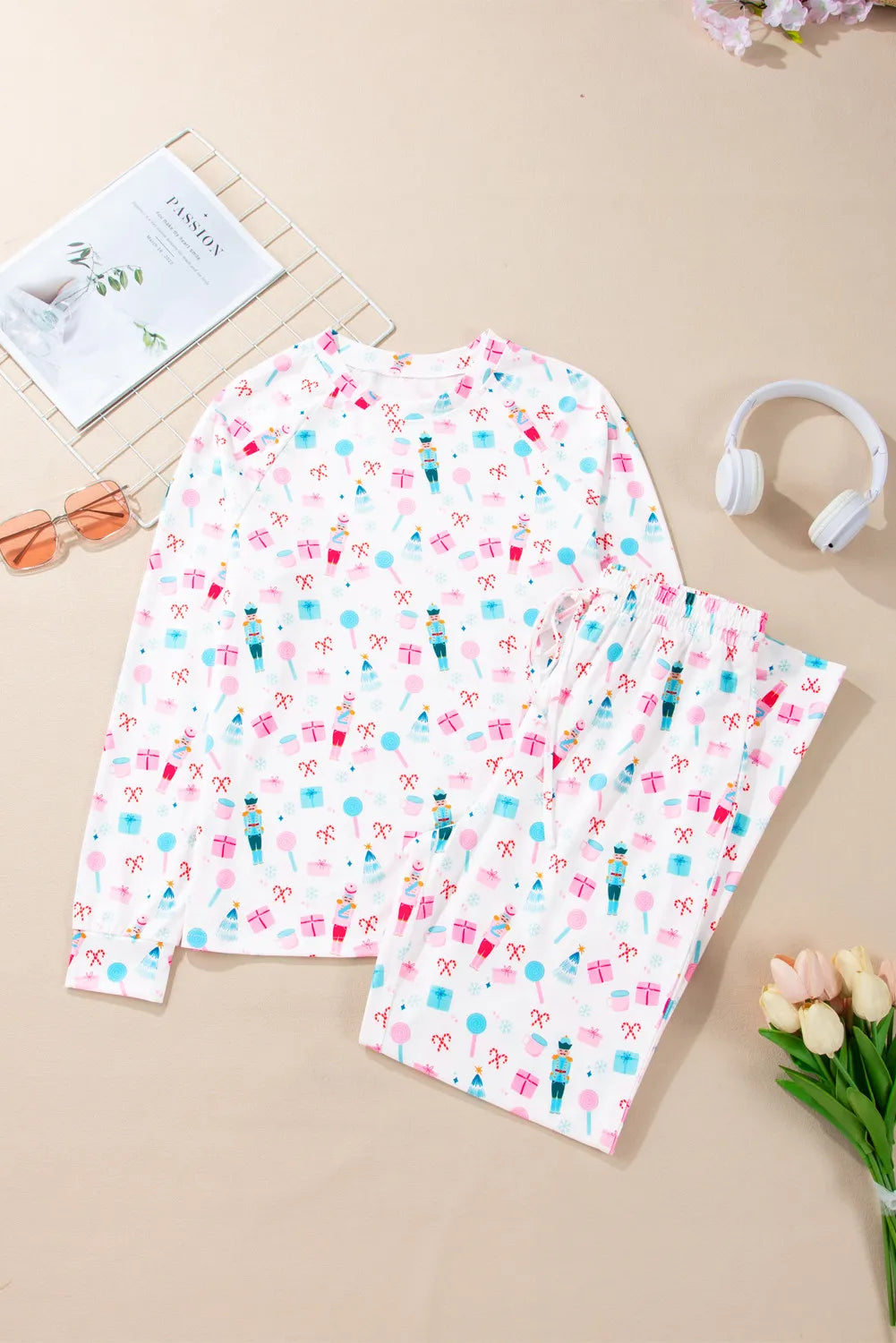 Printed Round Neck Long Sleeve Top and Pants Lounge Set - felvior