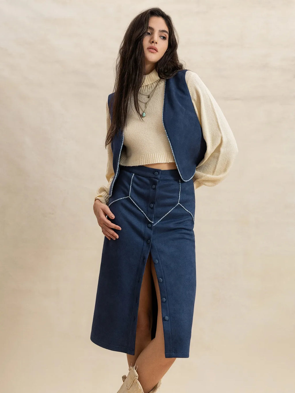 Open Front Vest and Buttoned Skirt Set