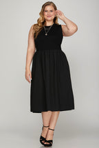 She + Sky Full Size Sleeveless Poplin Woven Midi Dress with Pockets Plus Size
