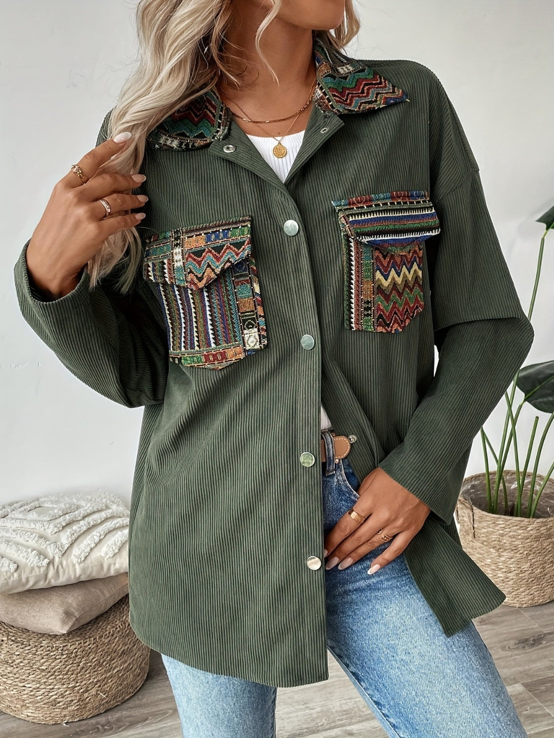 Snap Down Long Sleeve Jacket with Chest Pockets - felvior
