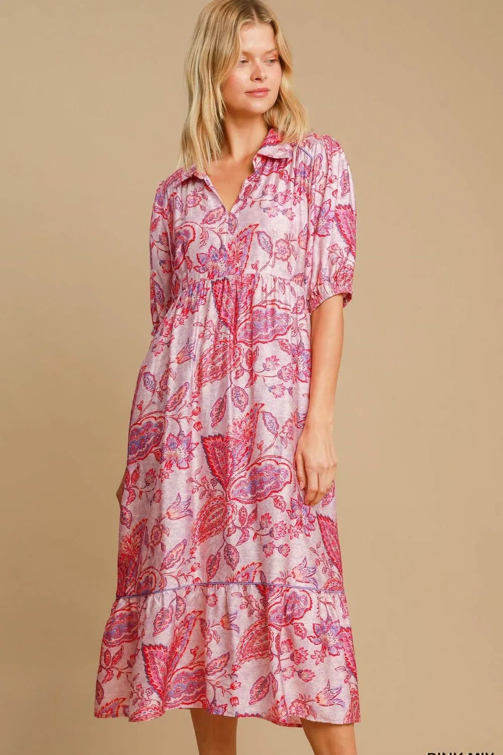 Umgee Full Size Ruffled Hem Floral Paisley Print Half Sleeve Midi Dress Plus Size Image principale du produit