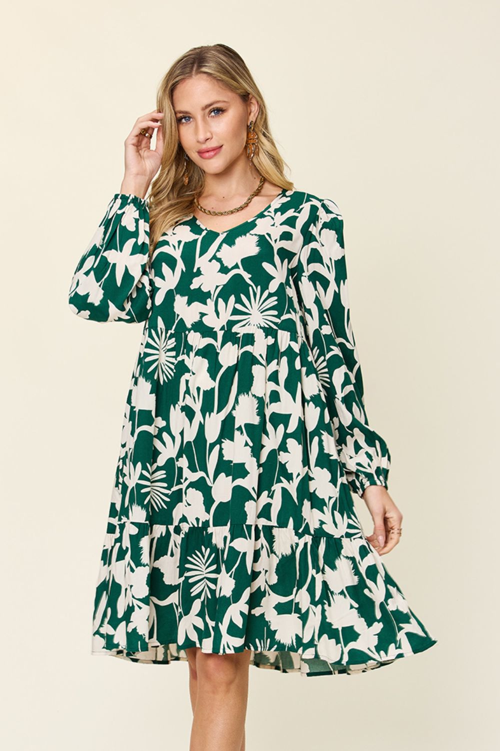Double Take Full Size Printed Ruffle Hem Dress with Pocket - felvior