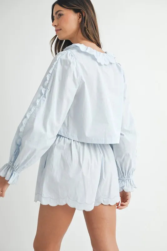 MABLE Long Sleeve Scallop Blouse and Shorts Set - felvior