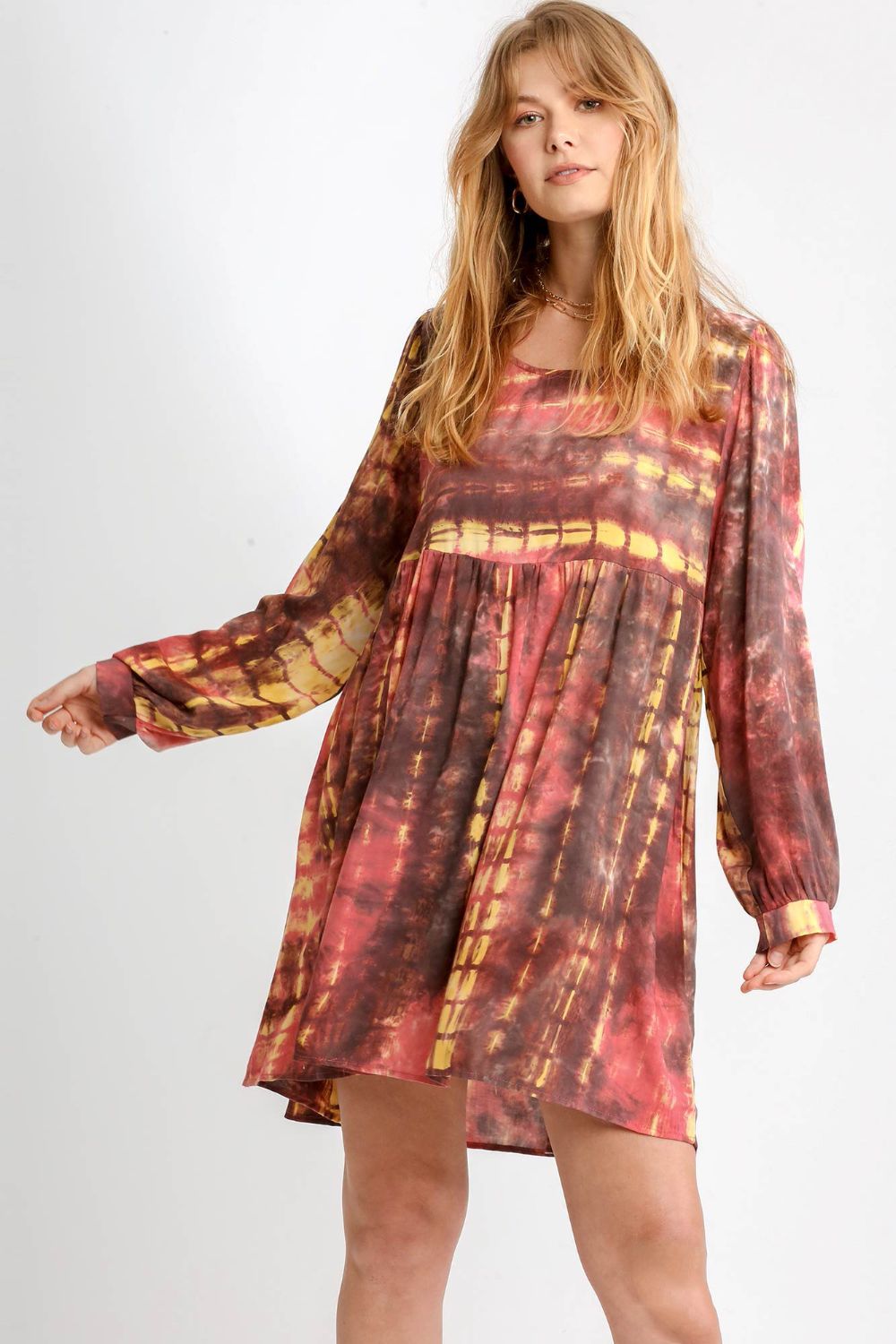 Umgee Full Size Tie Dye Long Sleeve Babydoll Dress with Keyhole Plus Size Main image