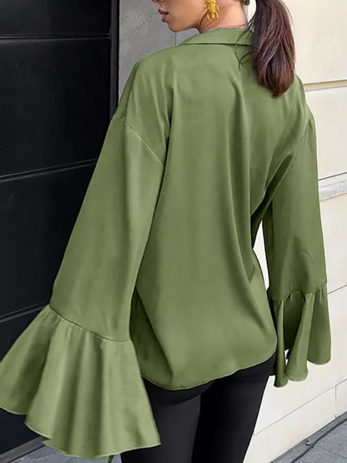 Button Down Flounce Sleeve Shirt - felvior