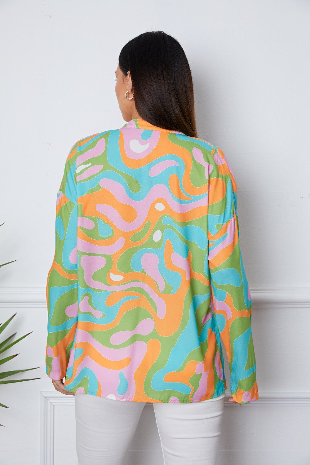 Printed Notched Long Sleeve Blouse - felvior