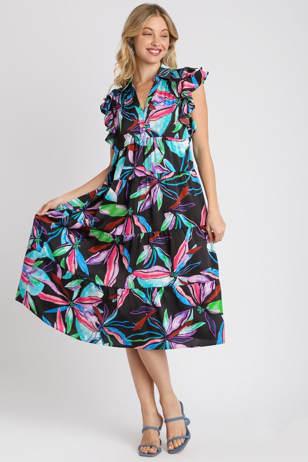 Umgee Full Size Leaf Print Double Layered Ruffle Sleeve Tiered Midi Dress Plus Size Main image