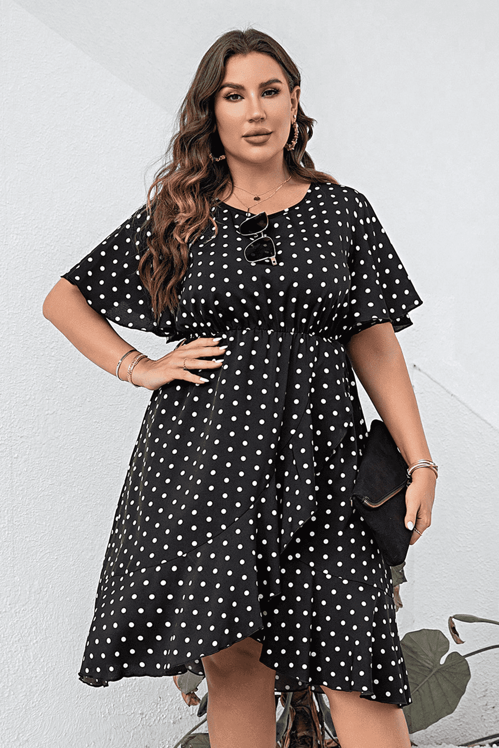 Plus Size Polka Dot Flutter Sleeve Dress - felvior