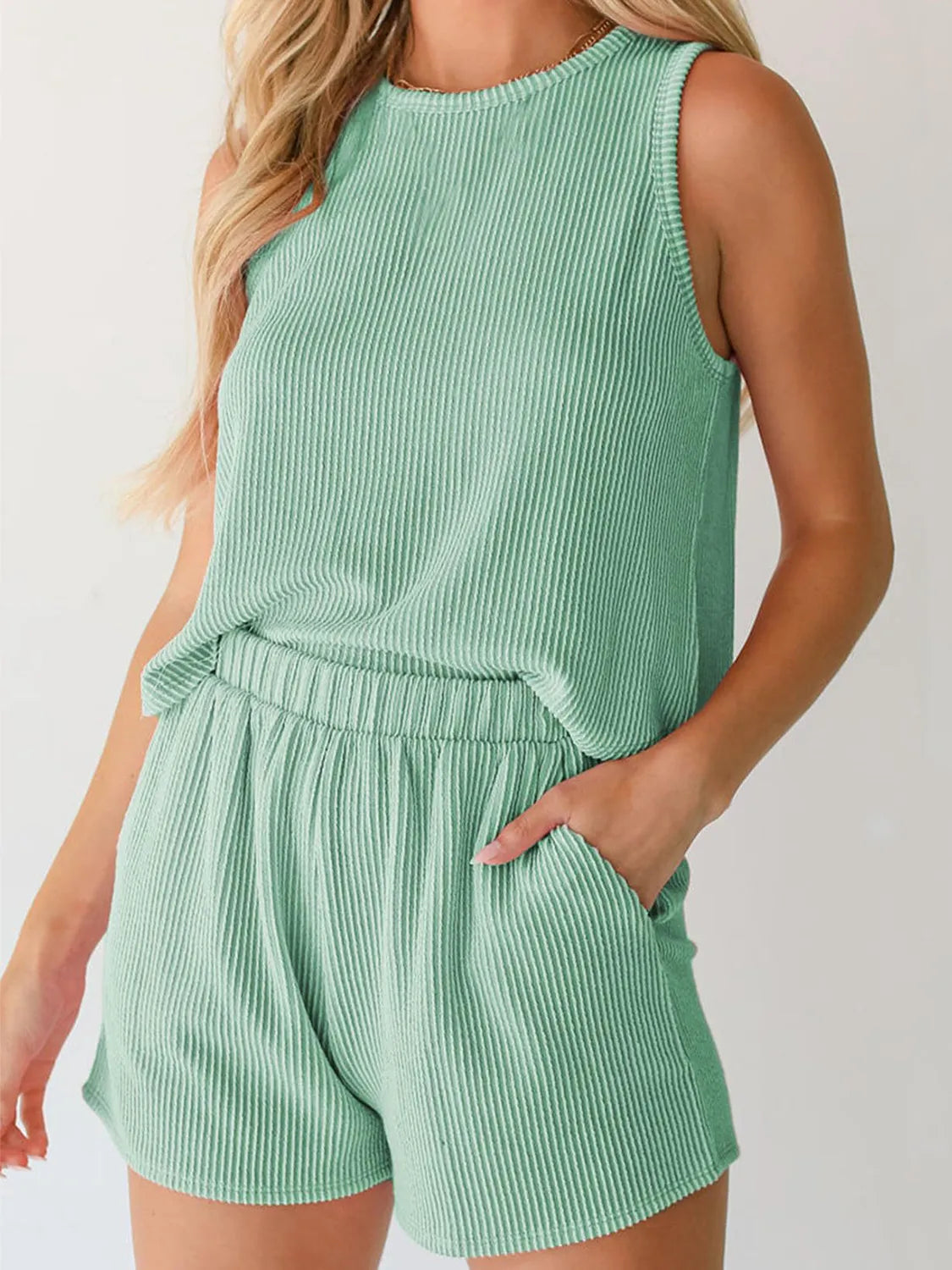Round Neck Sleeveless Top and Shorts Set - felvior