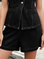 Button Down Vest and Shorts Denim Set